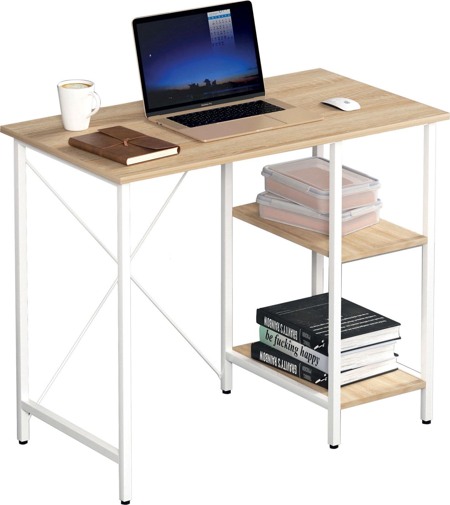 Scrivania per Computer in Metallo con Ripiani Rovere Chiaro e Bianco - 12