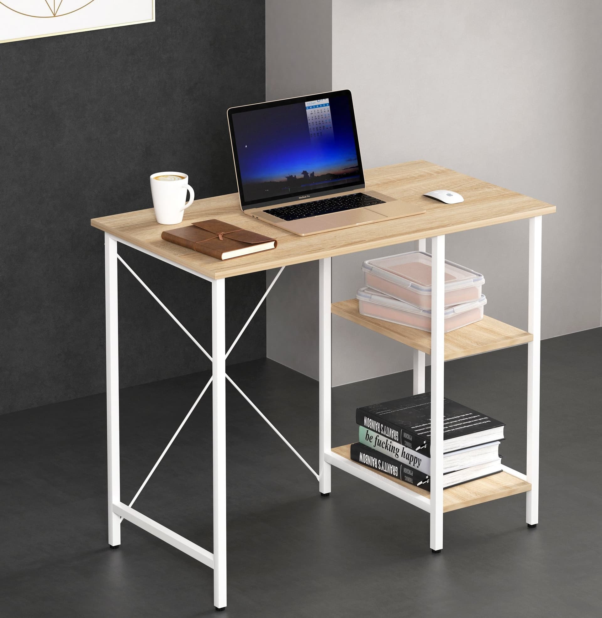 Scrivania per Computer in Metallo con Ripiani Rovere Chiaro e Bianco - 4