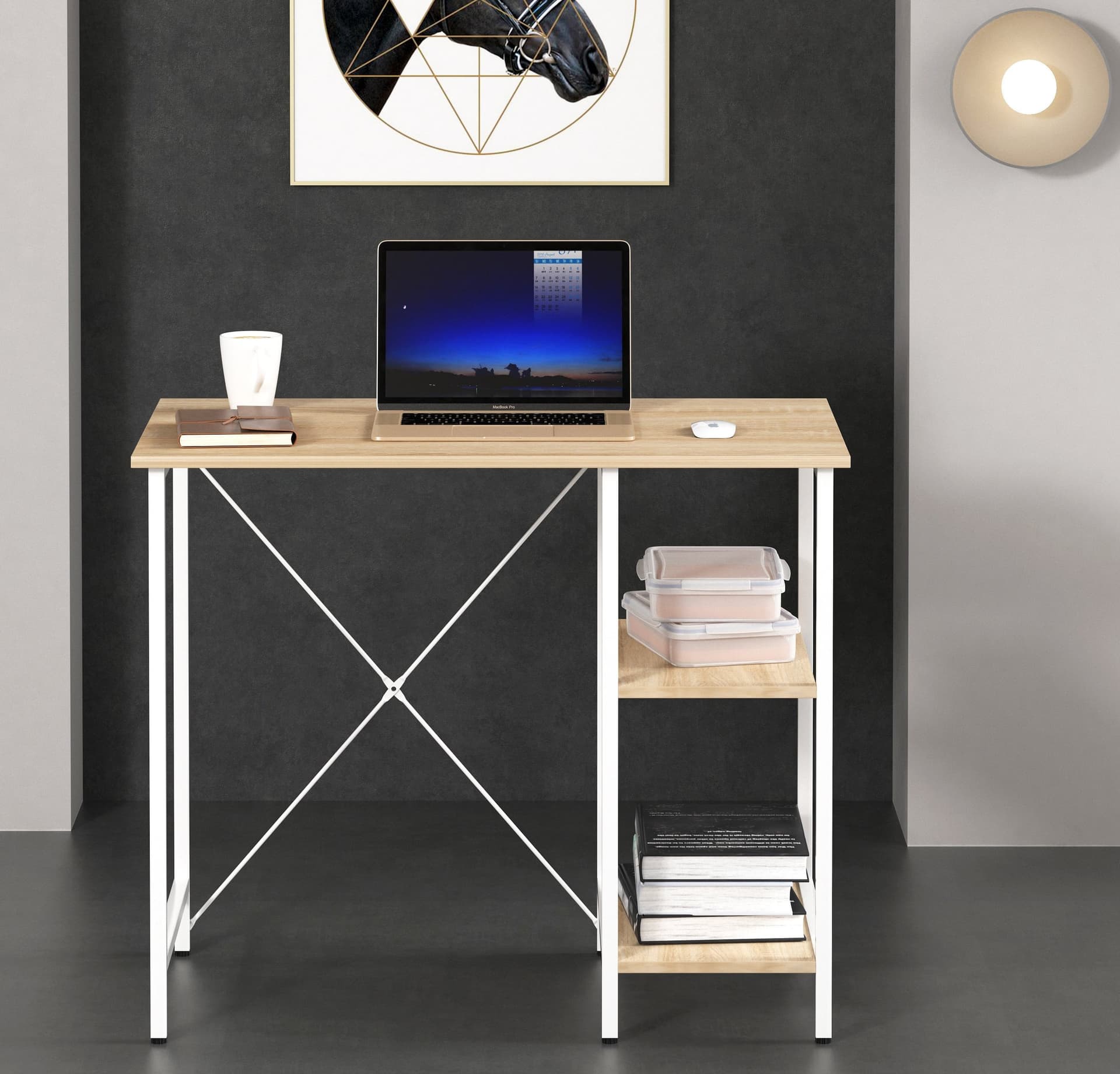 Scrivania per Computer in Metallo con Ripiani Rovere Chiaro e Bianco - 5