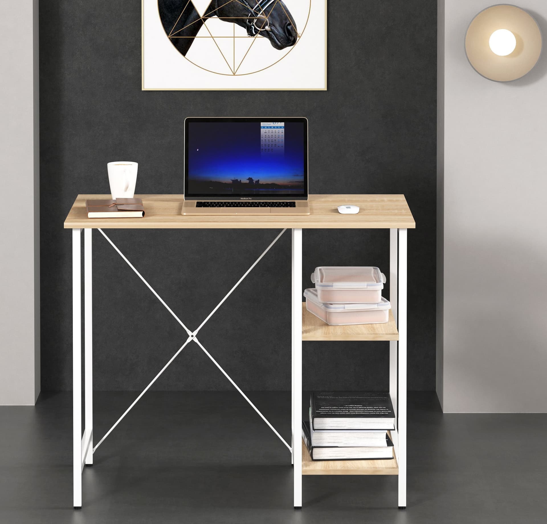 Scrivania per Computer in Metallo con Ripiani Rovere Chiaro e Bianco - 10