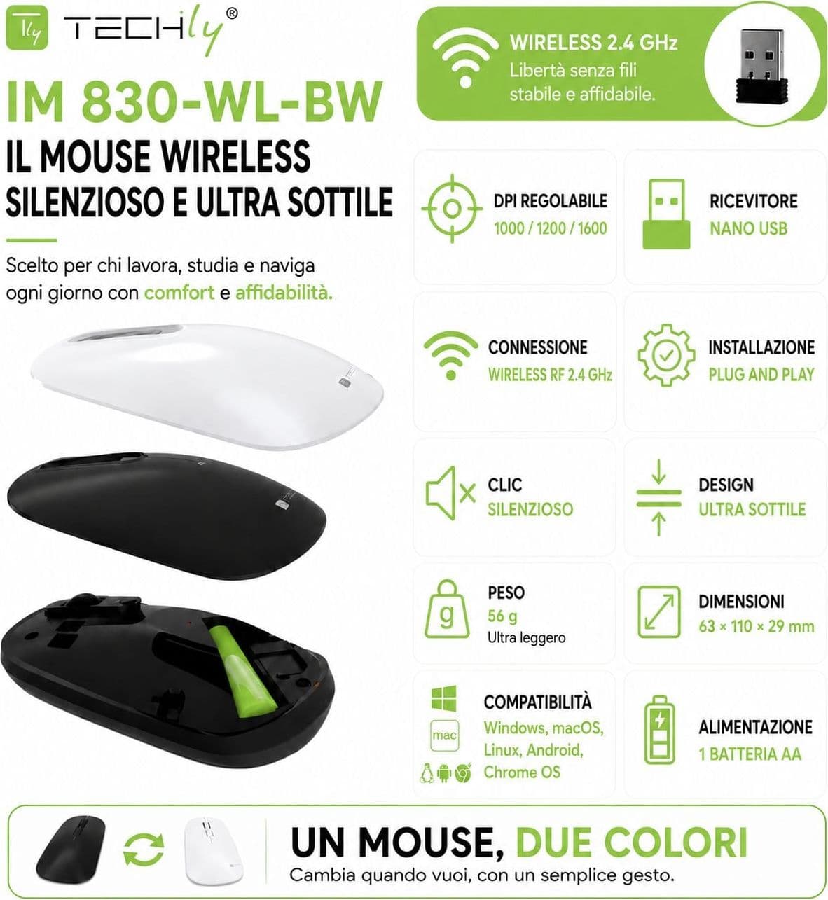 Mouse Ottico Wireless 2.4 GHZ 3D 1000/1200/1600 Dpi Nero o Bianco - 11