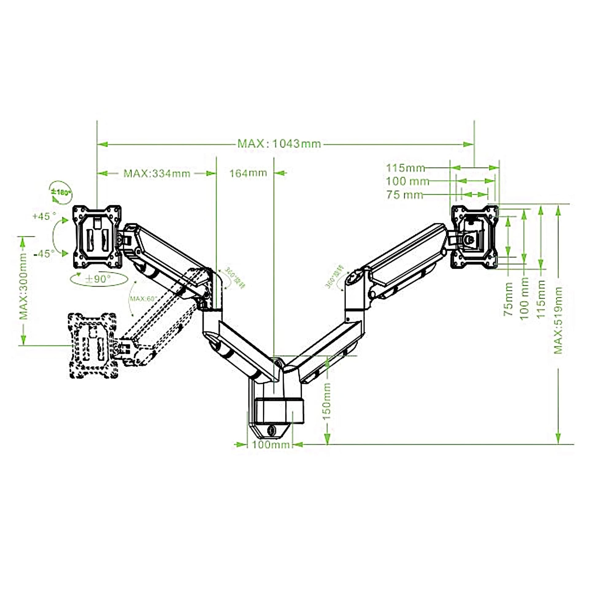 Staffa a Muro con Molla a Gas per due Monitor 13-32'' - 3