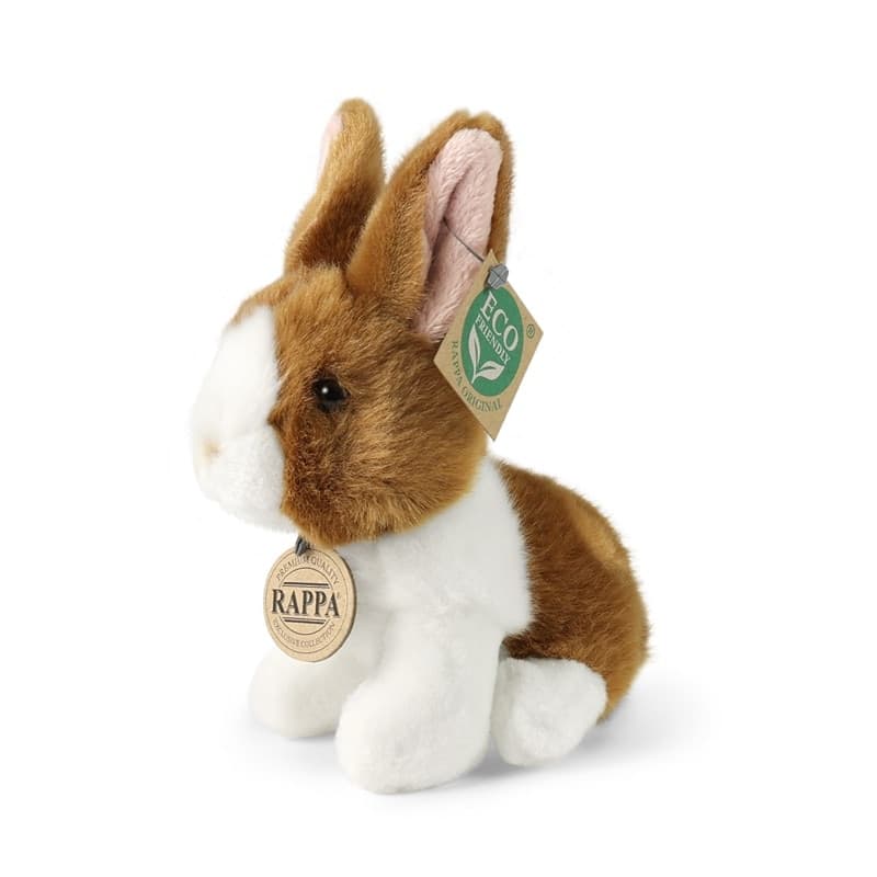 Rappa - Peluche realistico mascotte coniglio bianco e marrone seduto 16 cm Eco-Friendly