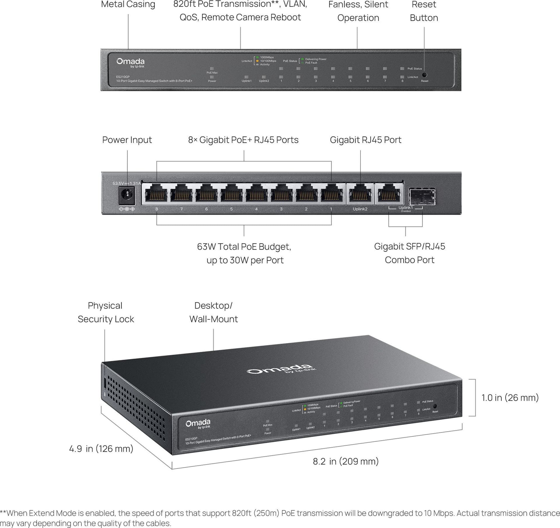 Switch 10 Porte Gigabit Easy Managed con 8 Porte PoE+, 1 SFP/RJ45 Combo, ES210GP - 6