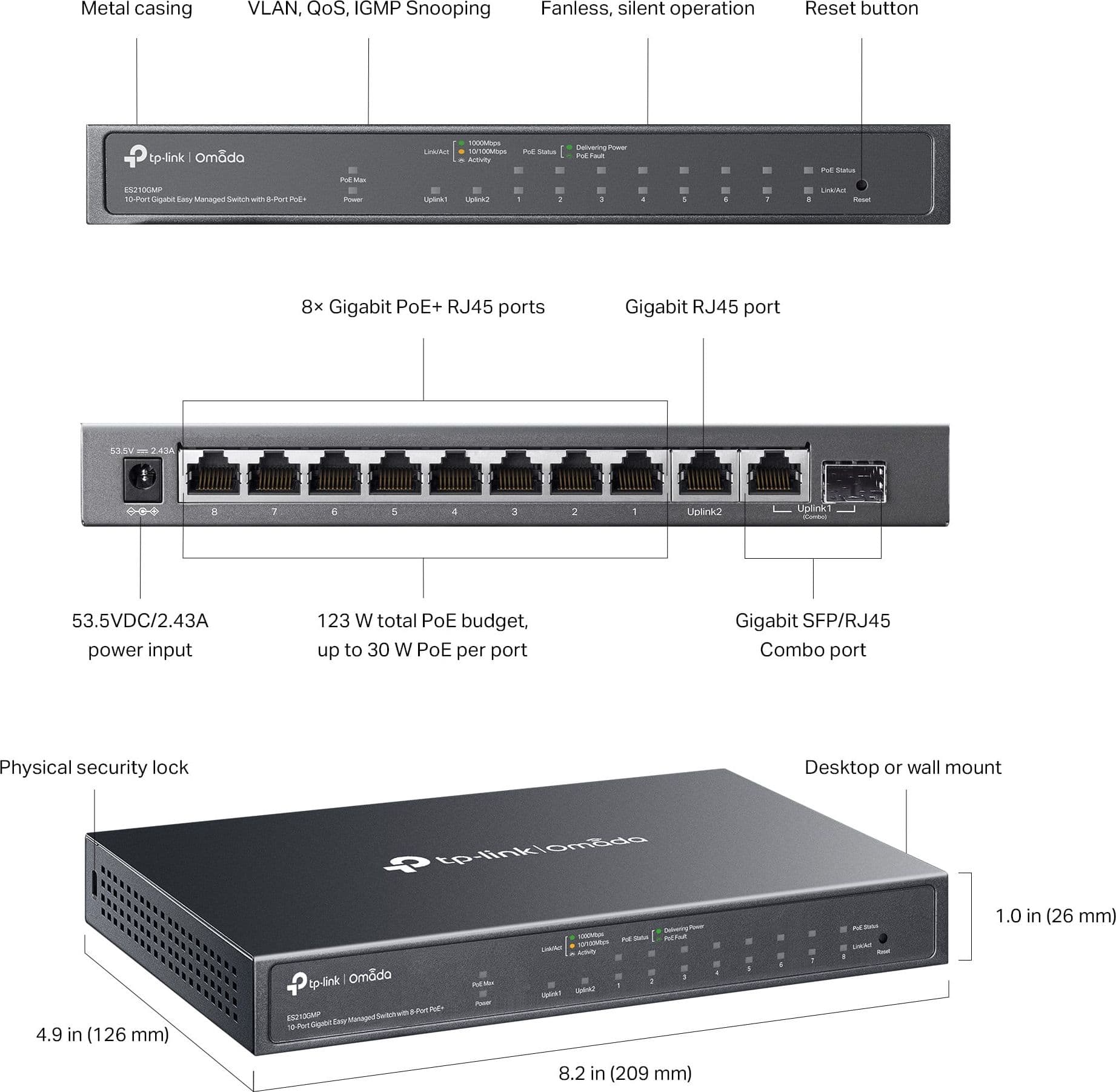 Switch 10 Porte Gigabit Easy Managed con 8 Porte PoE+, 1 SFP, 123W, ES210GMP - 2