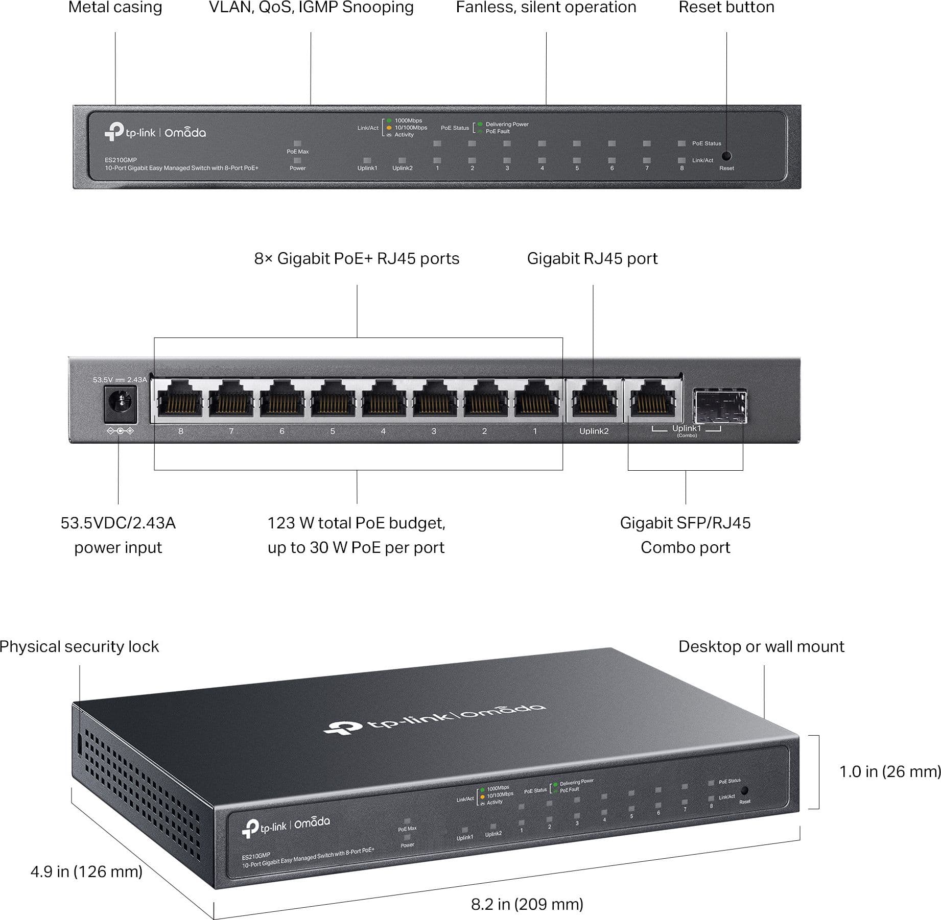 Switch 10 Porte Gigabit Easy Managed con 8 Porte PoE+, 1 SFP, 123W, ES210GMP - 8