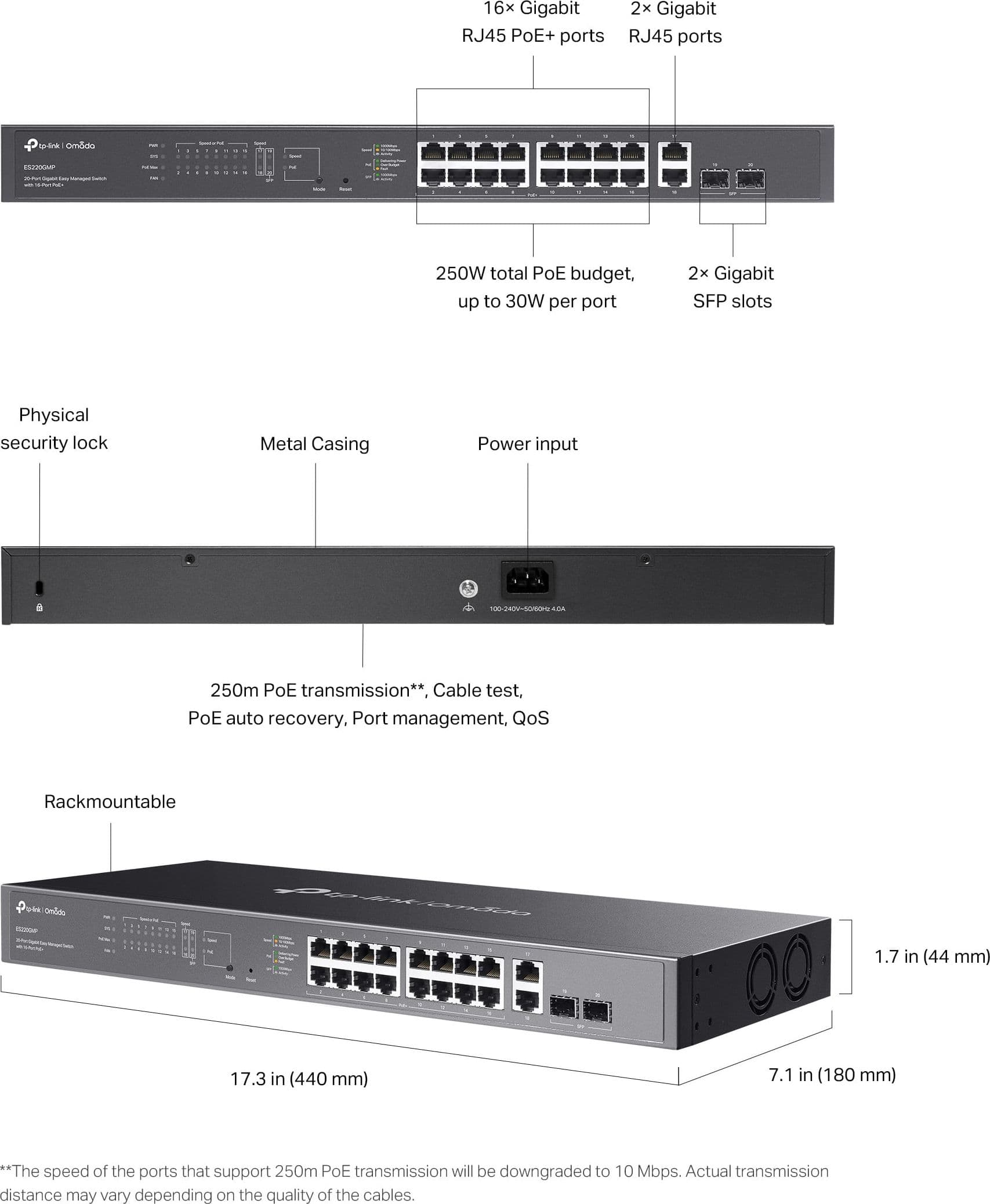 Switch 20 Porte Gigabit Easy Managed con 16 Porte PoE+ e 2 SFP, 250W, ES220GMP - 2