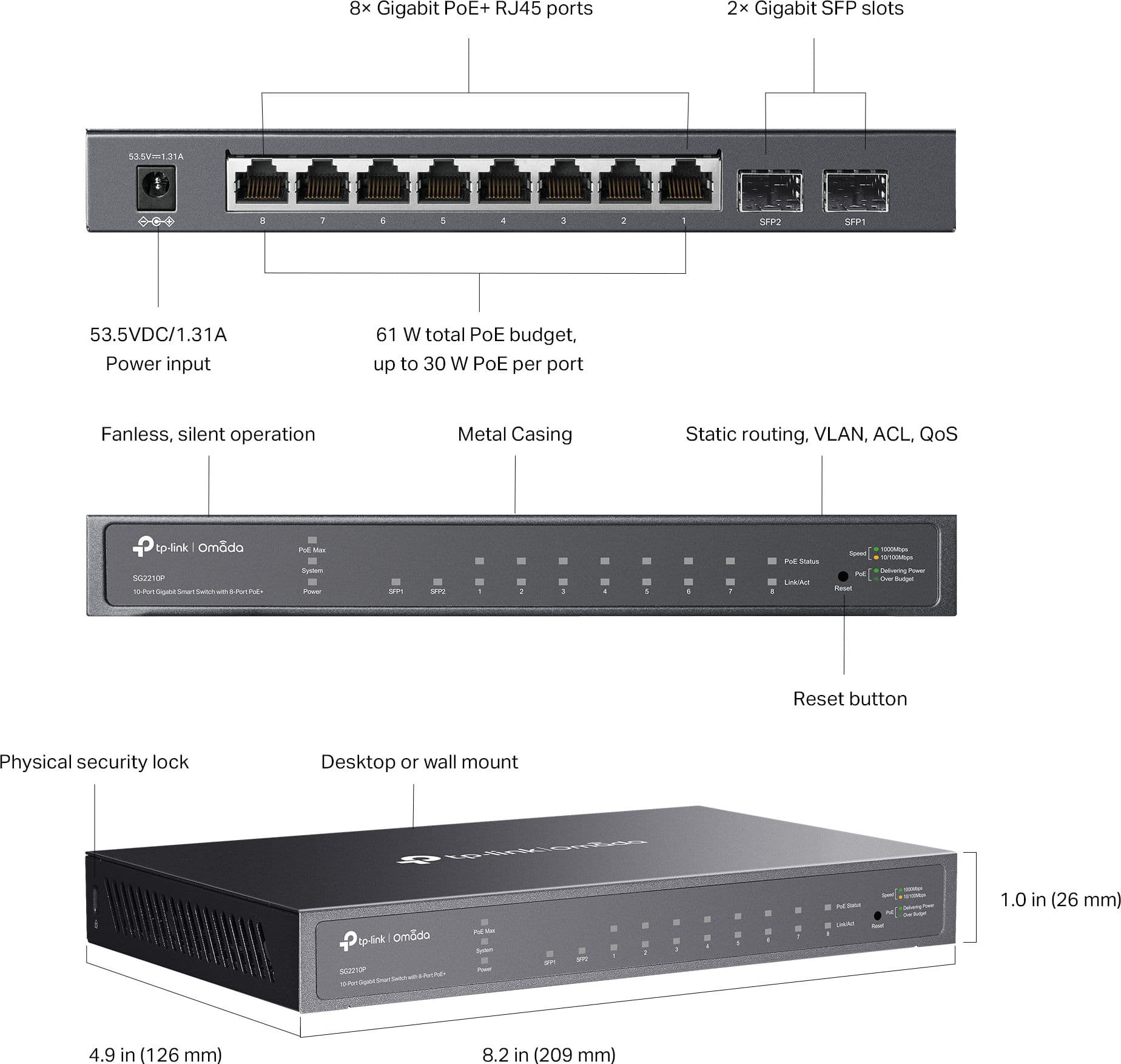 Switch Smart 8 Porte Gigabit PoE+, 2 SFP, SG2210P - 8