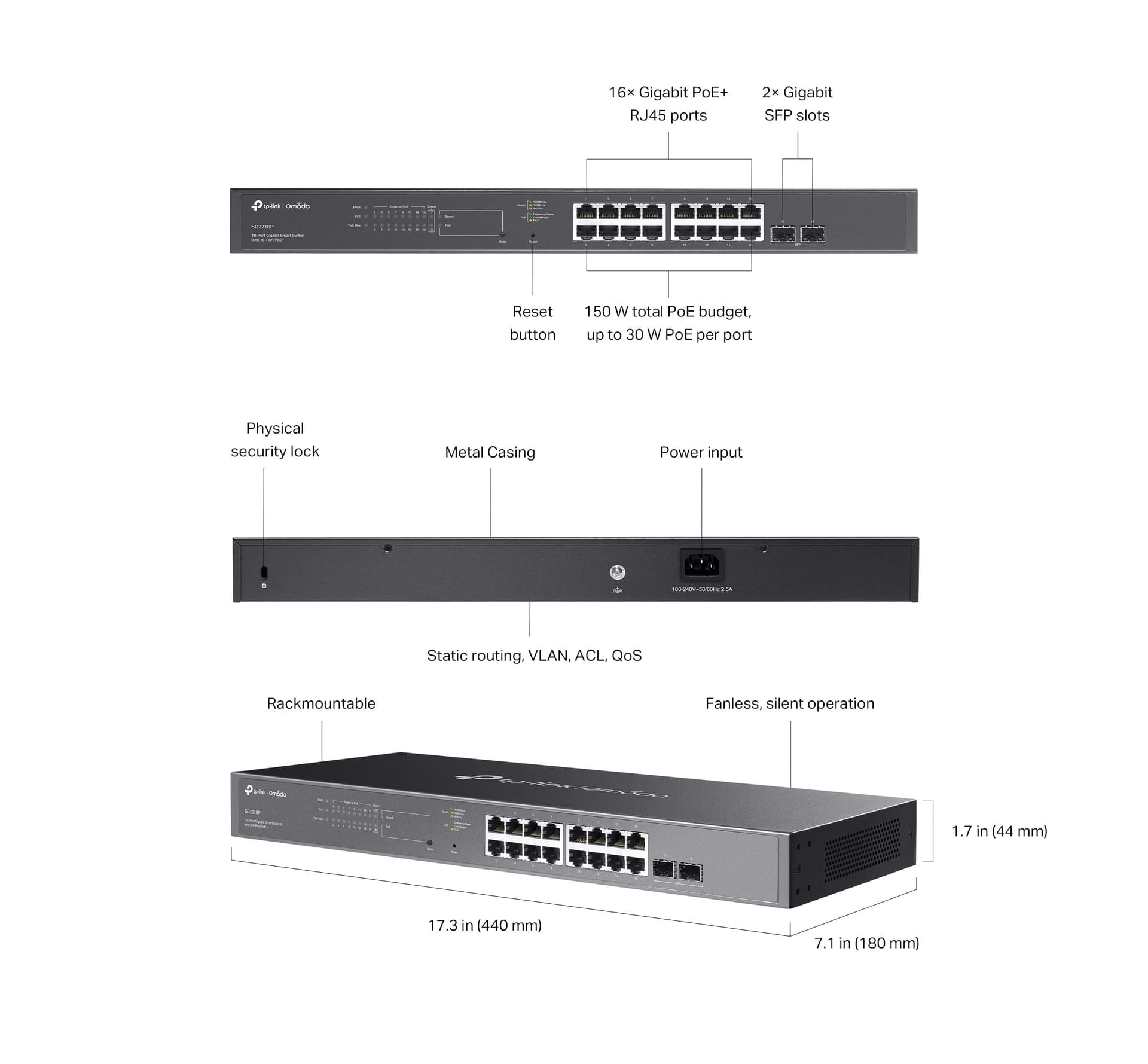 Switch Smart 16 Porte Gigabit PoE+, 2 SFP, SG2218P - 9