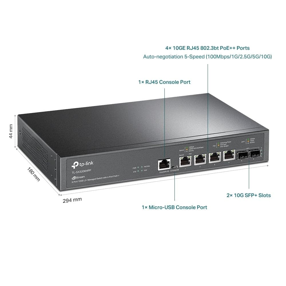 Switch Managed L2+ con 2 Porte 10 GE SFP+ e 4 Porte 10GE PoE++ Jet Stream, TL-SX3206HPP - 2