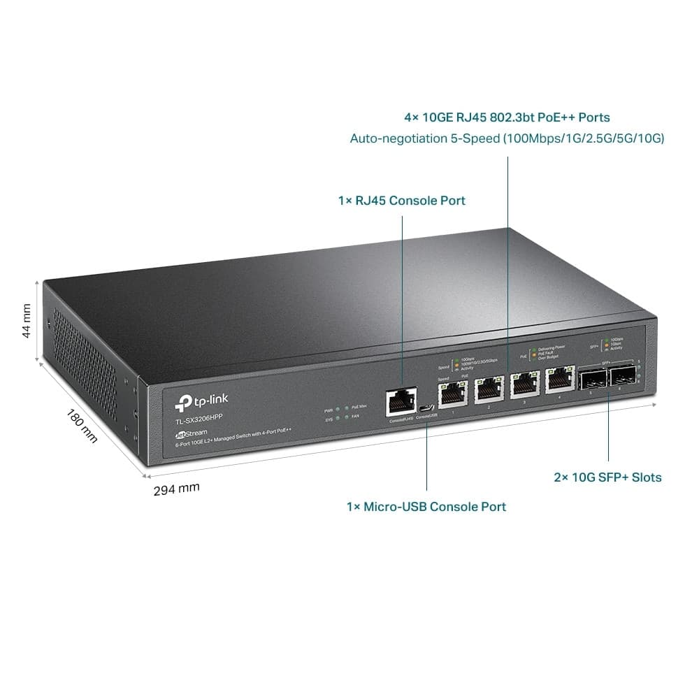 Switch Managed L2+ con 2 Porte 10 GE SFP+ e 4 Porte 10GE PoE++ Jet Stream, TL-SX3206HPP - 8