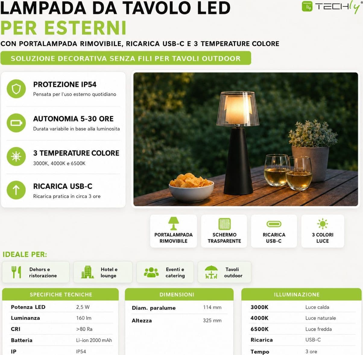 Lampada da Tavolo LED per Esterni con Portalampada Rimovibile, Nera e Trasparente - 11