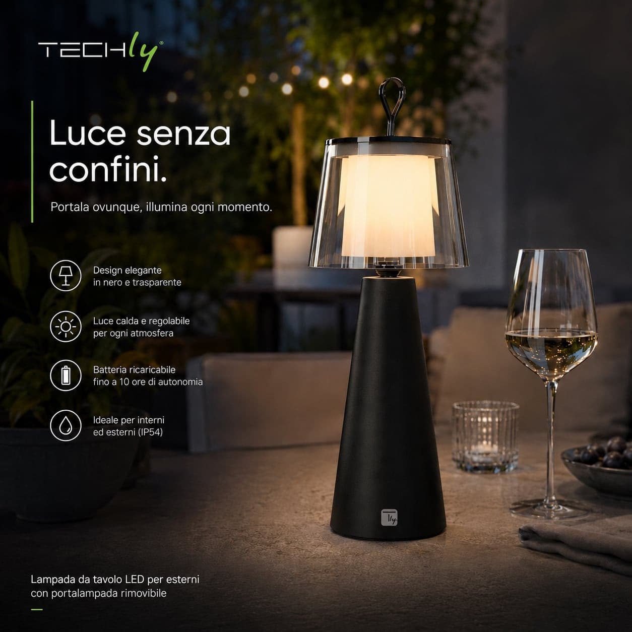 Lampada da Tavolo LED per Esterni con Portalampada Rimovibile, Nera e Trasparente - 12