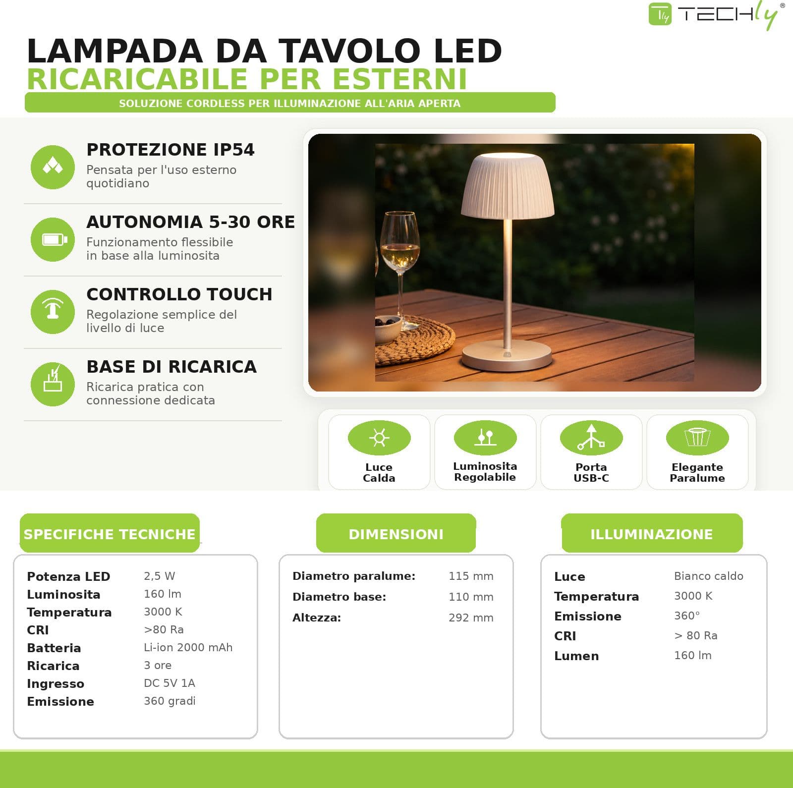 Lampada da Tavolo LED per Esterni con Base di Ricarica Bianca - 18