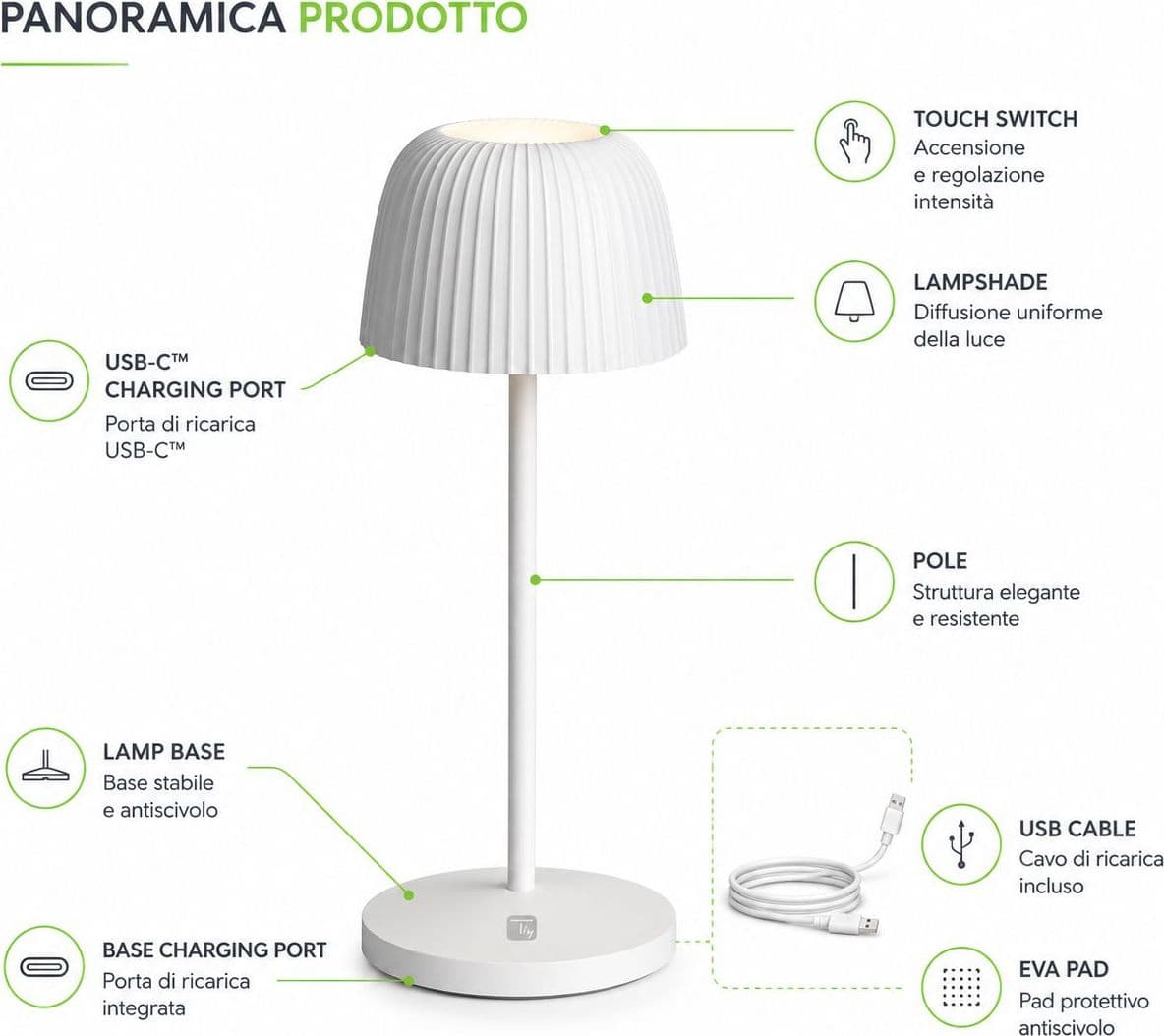 Lampada da Tavolo LED per Esterni con Base di Ricarica Bianca - 19