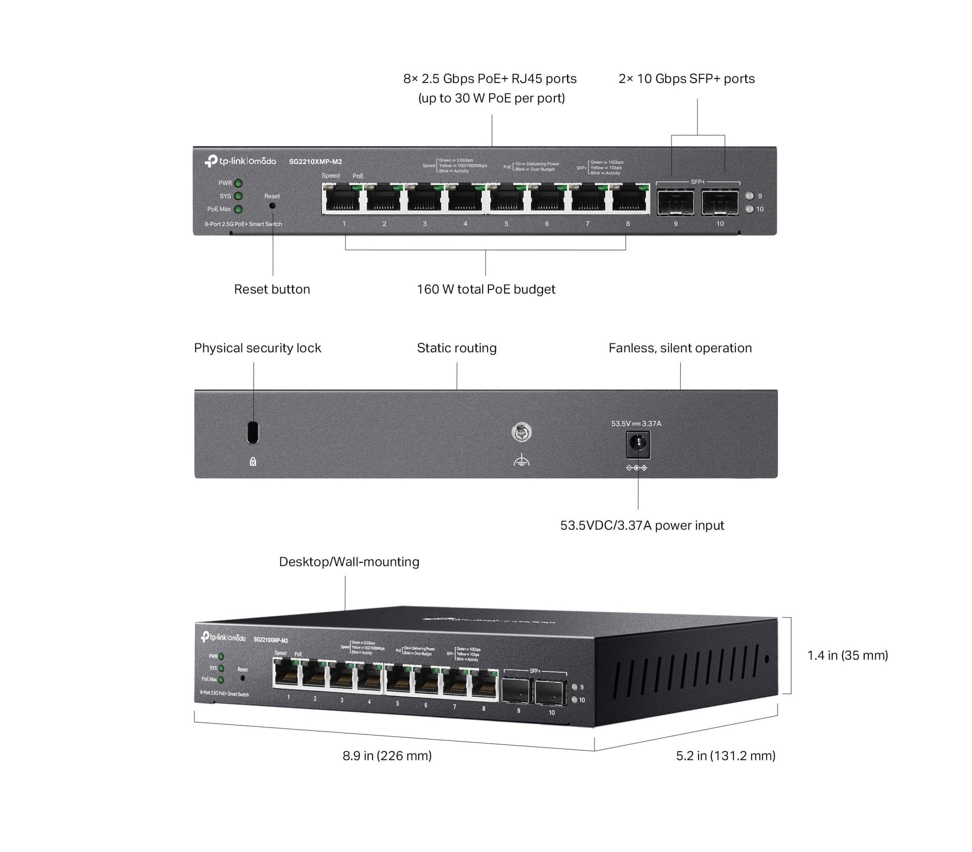 Switch Smart con 10 Porte, 8 2.5GBASE-T, 2 Porte 10GE SFP+ e 8 porte PoE+, SG2210XMP-M2 - 2