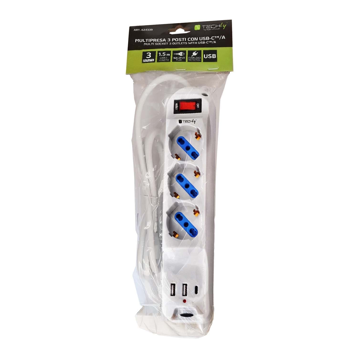Multipresa 3 Posti 10/16 A Bipasso/Schuko con 3 Porte USB-A/C&trade Bianca - 2