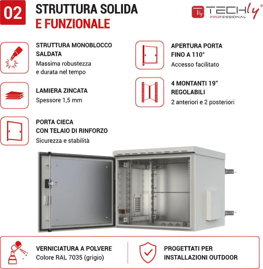 Armadio Rack 19'' Fissaggio a Palo 12U IP66 Porta Cieca Prof. 600 mm Grigio - 12