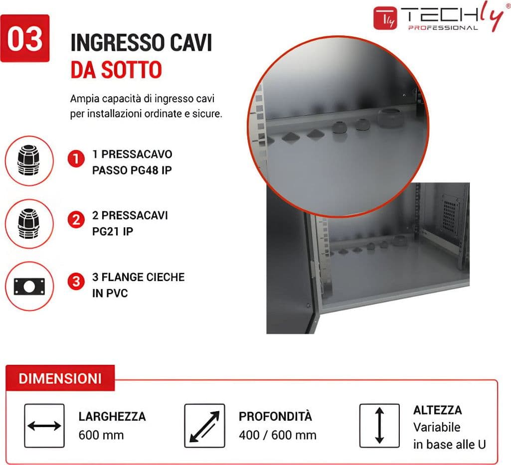 Armadio Rack 19'' Fissaggio a Palo 12U IP66 Porta Cieca Prof. 600 mm Grigio - 15