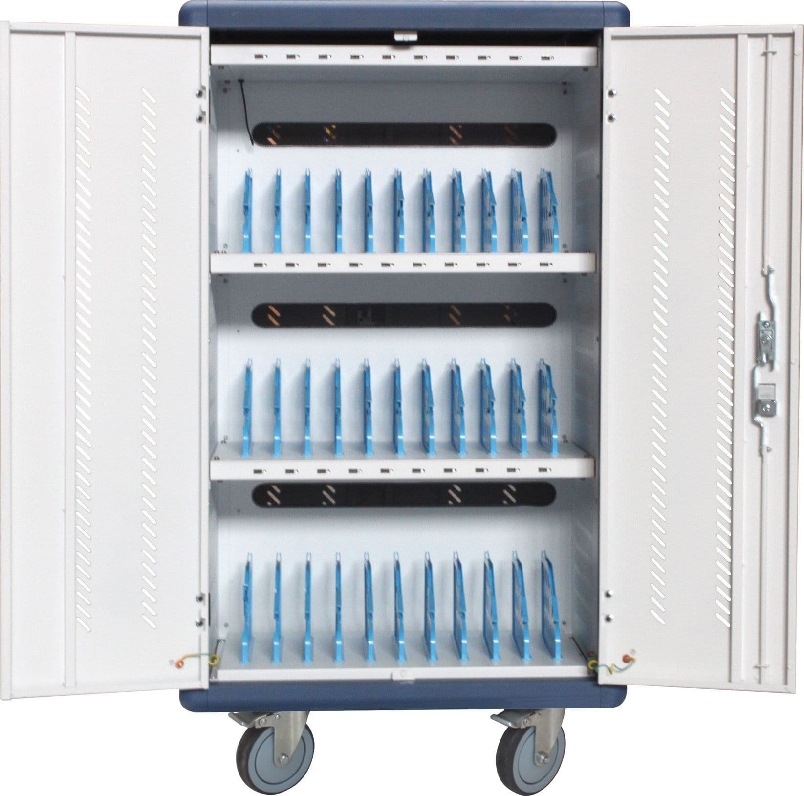 Carrello Stazione di Ricarica USB Ventilato per 30 Notebook/Tablet/Smartphone Bianco/Blu