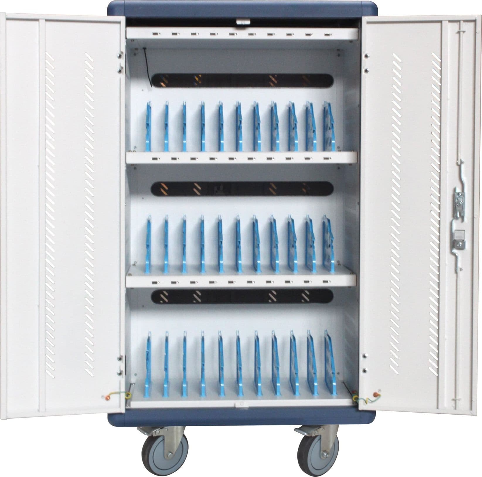 Carrello Stazione di Ricarica USB Ventilato per 30 Notebook/Tablet/Smartphone Bianco/Blu - 8