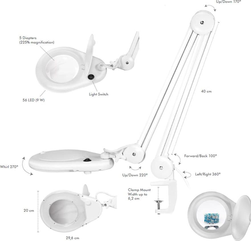 Lampada LED con Lente d'ingrandimento a 5 Diottrie Attacco a Morsetto - 3