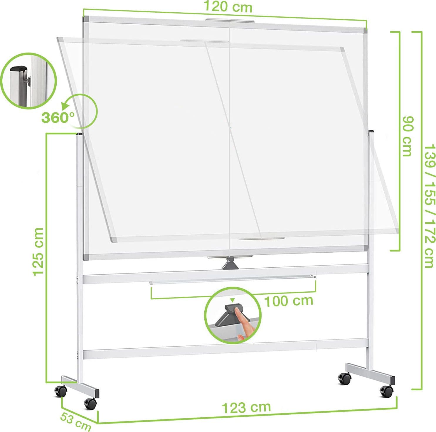 Lavagna Magnetica Bifacciale 90x120 cm con Ruote e Mensola per Pennarelli con Ganci Portablocco - 3