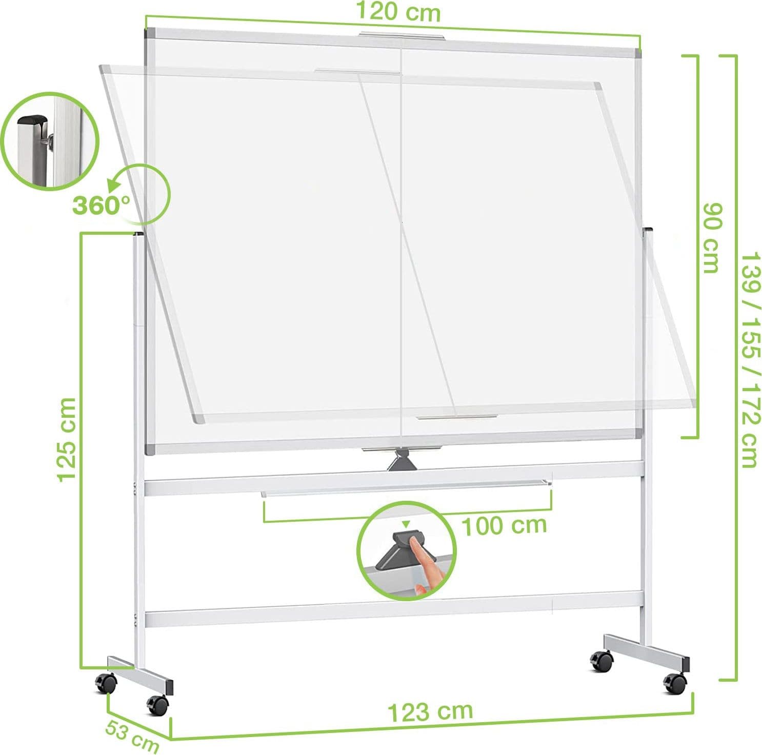 Lavagna Magnetica Bifacciale 90x120 cm con Ruote e Mensola per Pennarelli con Ganci Portablocco - 7