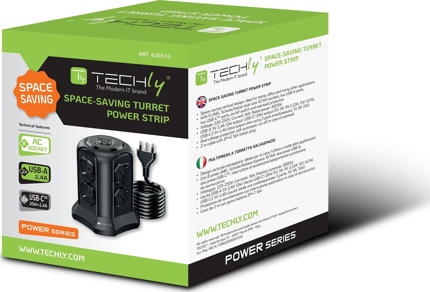 Multipresa da Tavolo a Torretta Salvaspazio 8 Posti Italiana Bipasso / Schuko 2 USB-A e 2 USB-C&trade - 6