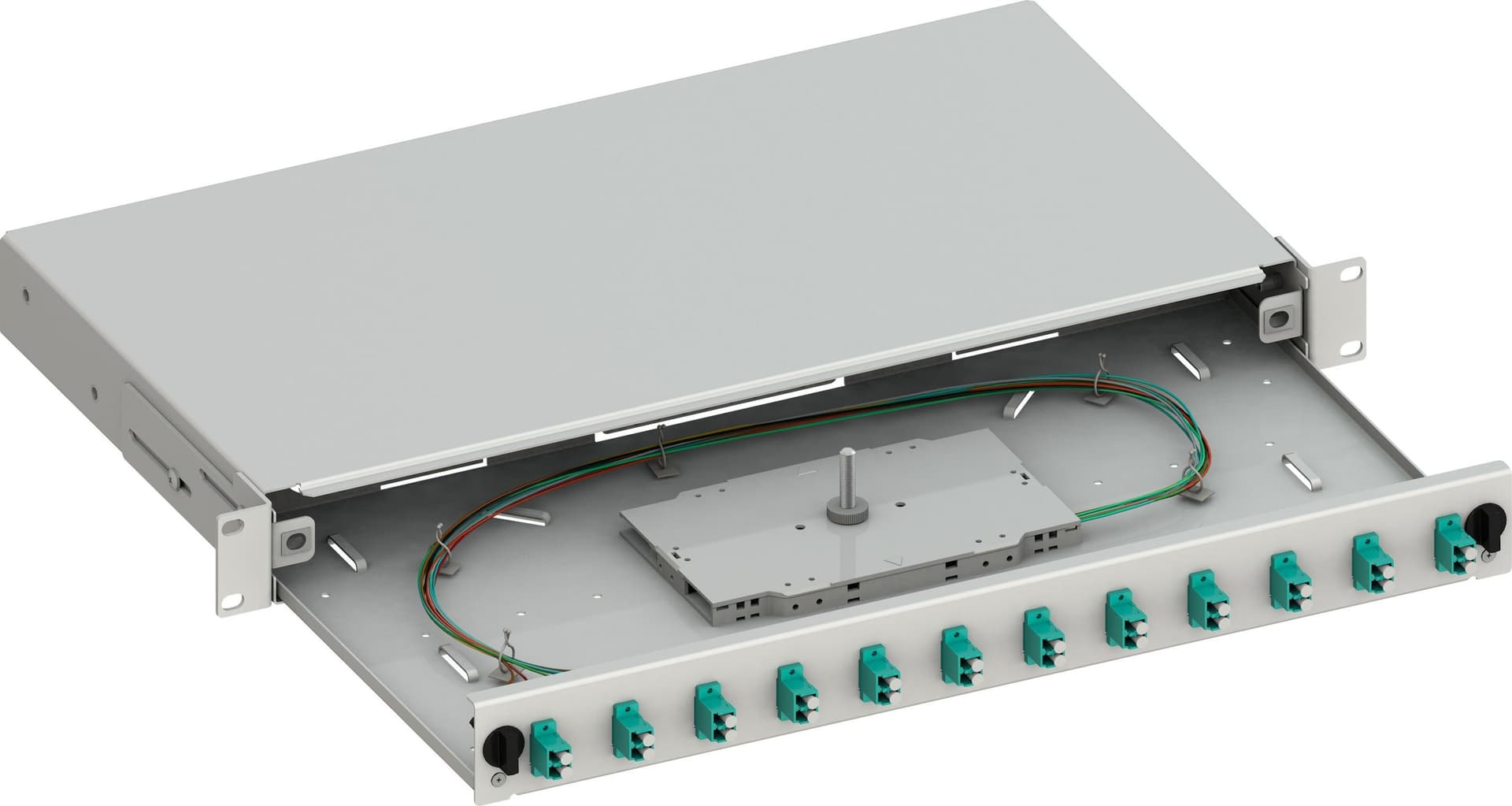 Cassetto Ottico 19'' Scorrevole con 12 Bussole e 24 Pigtails LC Duplex Multimodale OM3 Grigio - 2