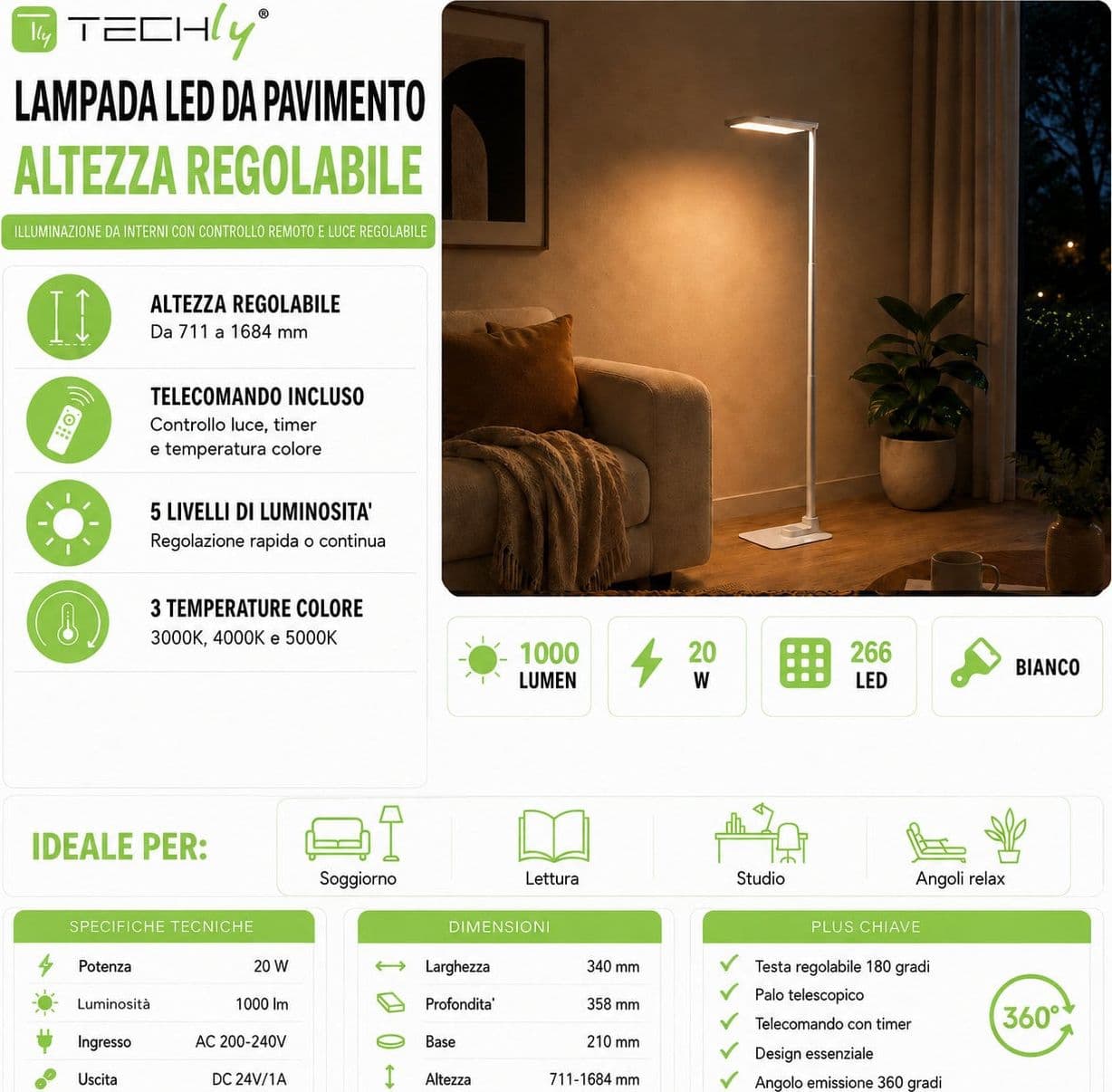 Lampada LED da Pavimento con Altezza Regolabile, Bianca - 11
