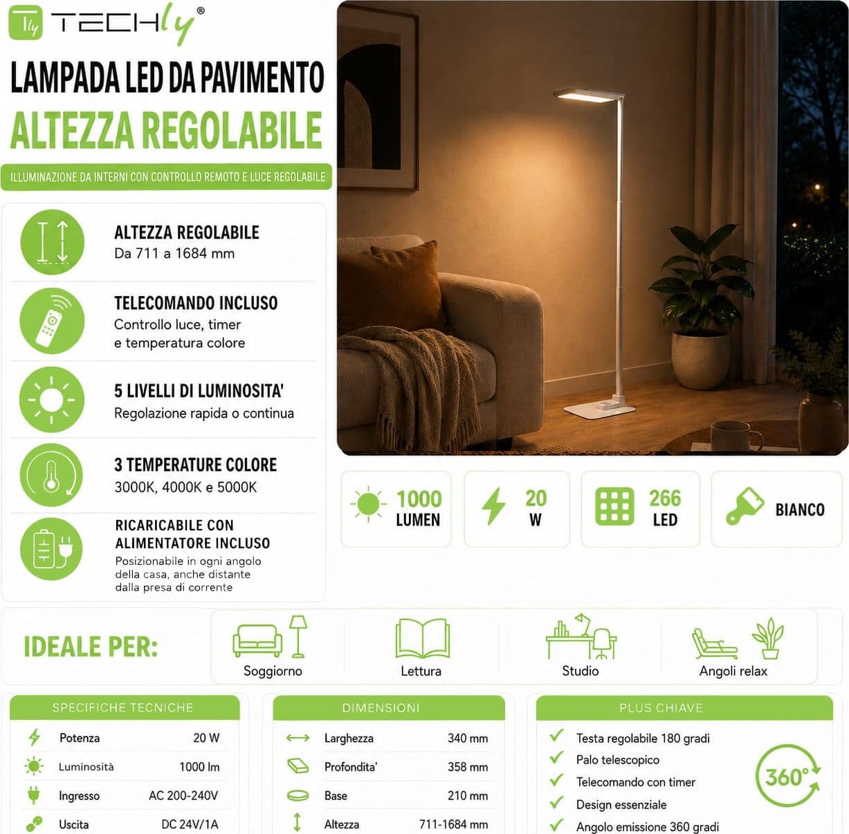 Lampada LED da Pavimento con Altezza Regolabile, Bianca - 3