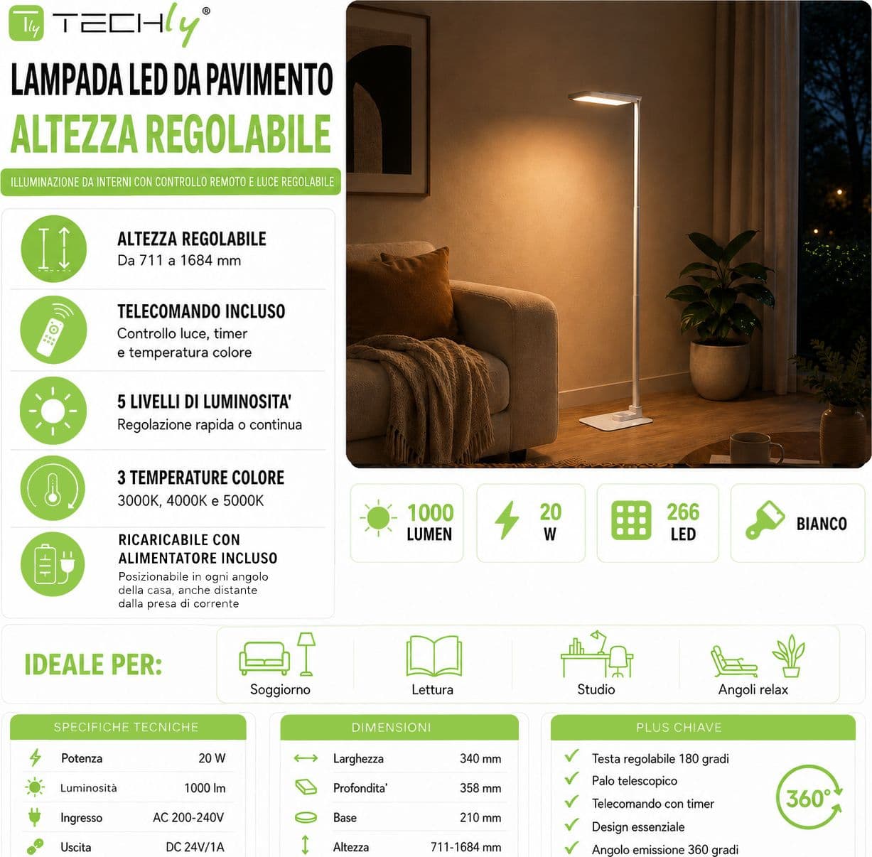 Lampada LED da Pavimento con Altezza Regolabile, Bianca - 9