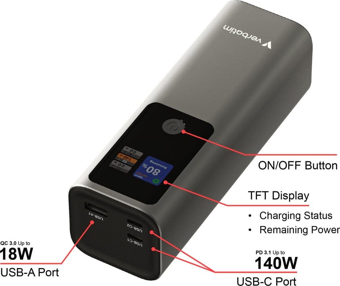 Power Bank 27000mAh 1x USB-A 2x USB-C&trade con TFT Display, PD 3.1 140W - 3