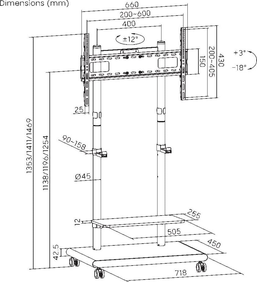 Supporto Mobile da Pavimento con Altezza Regolabile e Mensole, per TV da 37-75'' - 3