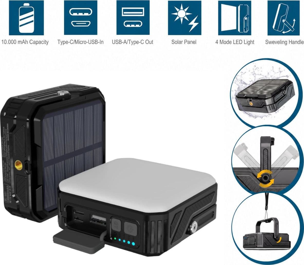 Power Bank Outdoor Energia Solare 10000 mAh con Lampada da Campeggio/Torcia IP65 2xUSB, Nero - 3