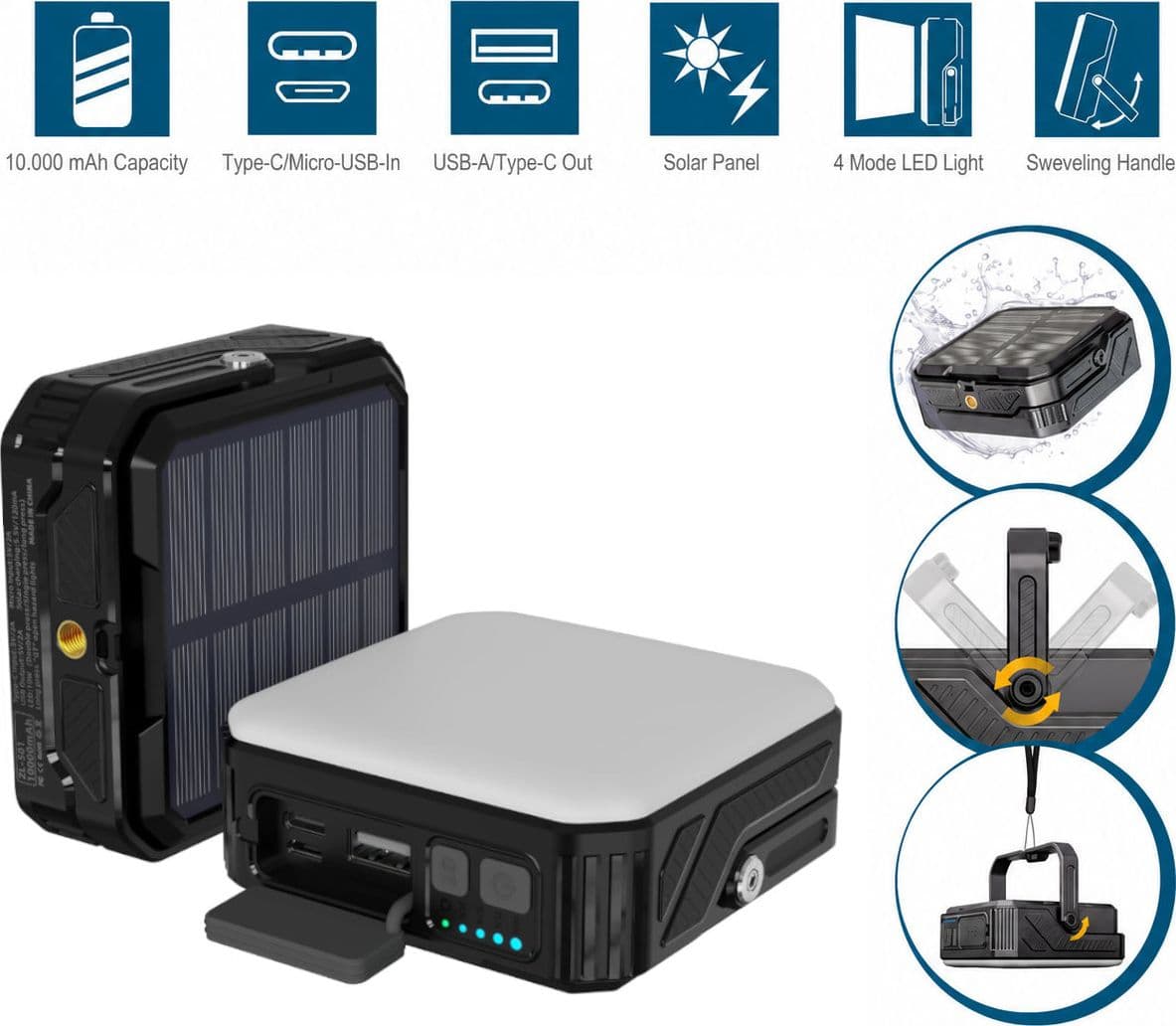 Power Bank Outdoor Energia Solare 10000 mAh con Lampada da Campeggio/Torcia IP65 2xUSB, Nero - 6
