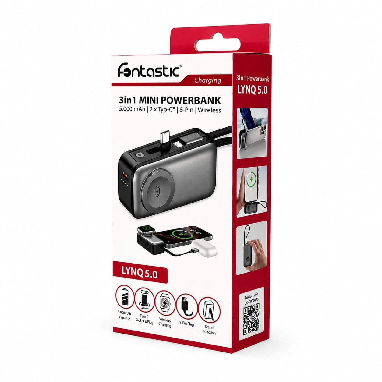 Mini Power Bank 3in1 5000 mAh con 2 porte USB-C&trade, Nero - 2