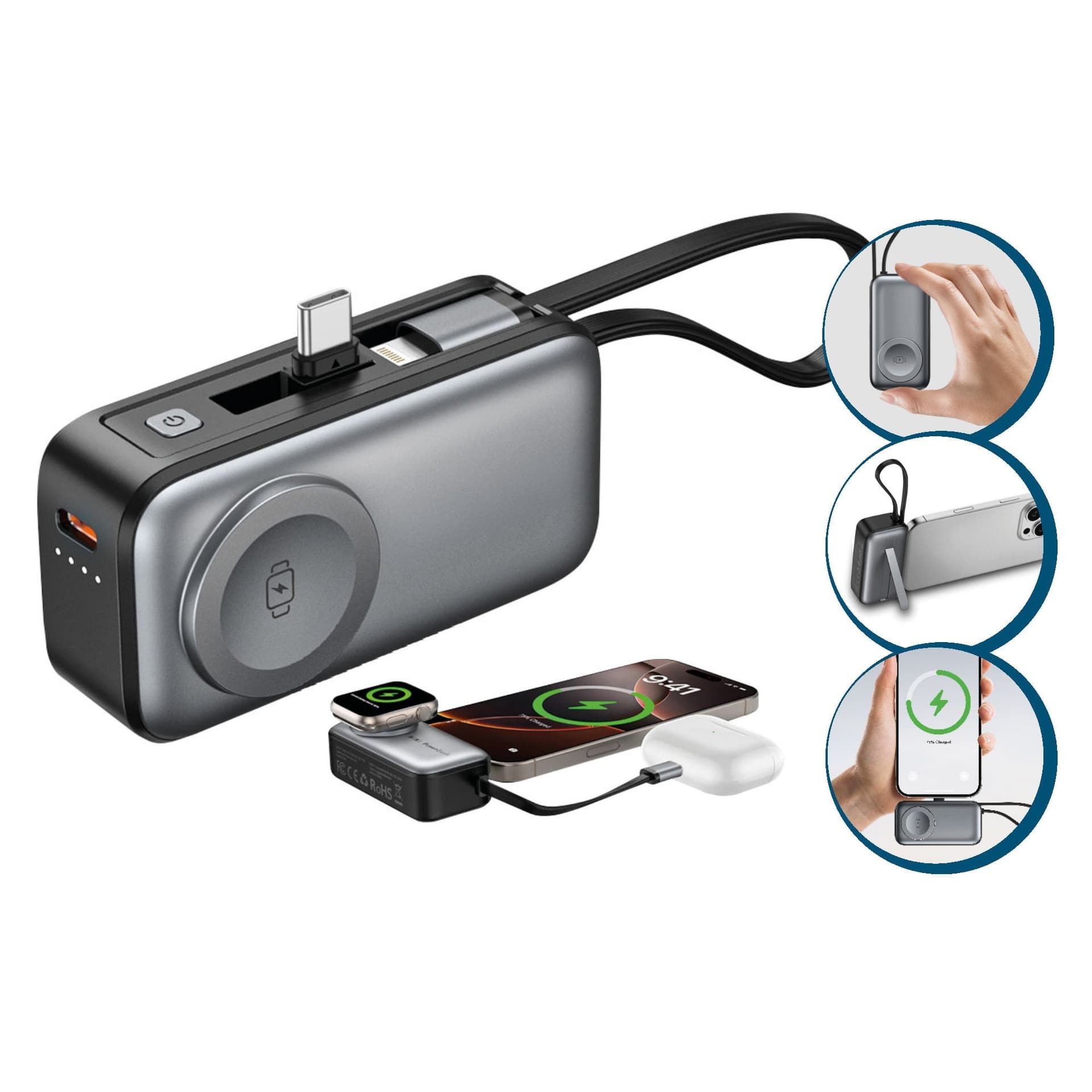 Mini Power Bank 3in1 5000 mAh con 2 porte USB-C&trade, Nero - 5