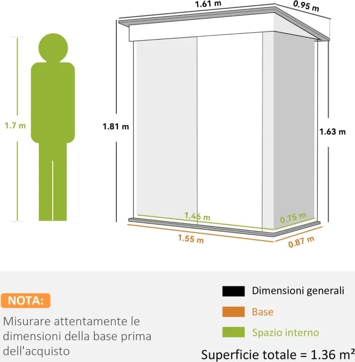Outsunny Casetta da Giardino Porta Attrezzi in Acciaio con Porta Bloccabile, 161x95x163/181cm, Verde | Dimensioni 170.00 × 100.00 × 20.00 cm - 2