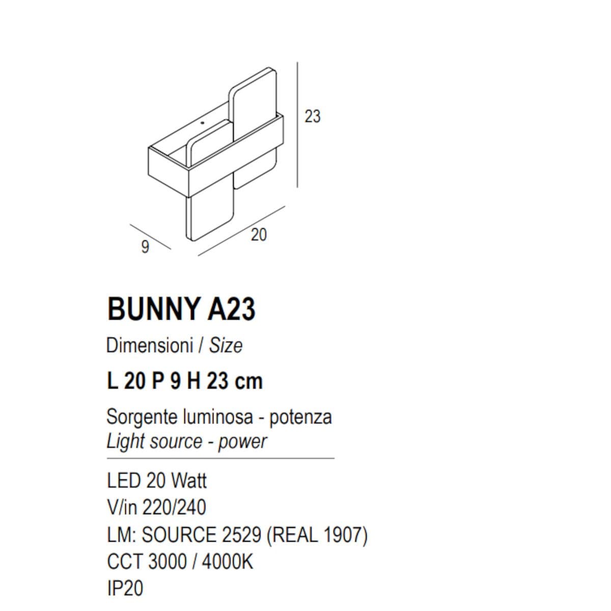 Applique moderno Promoluce BUNNY A23 WH LED CCT metallo metacrilato - 3
