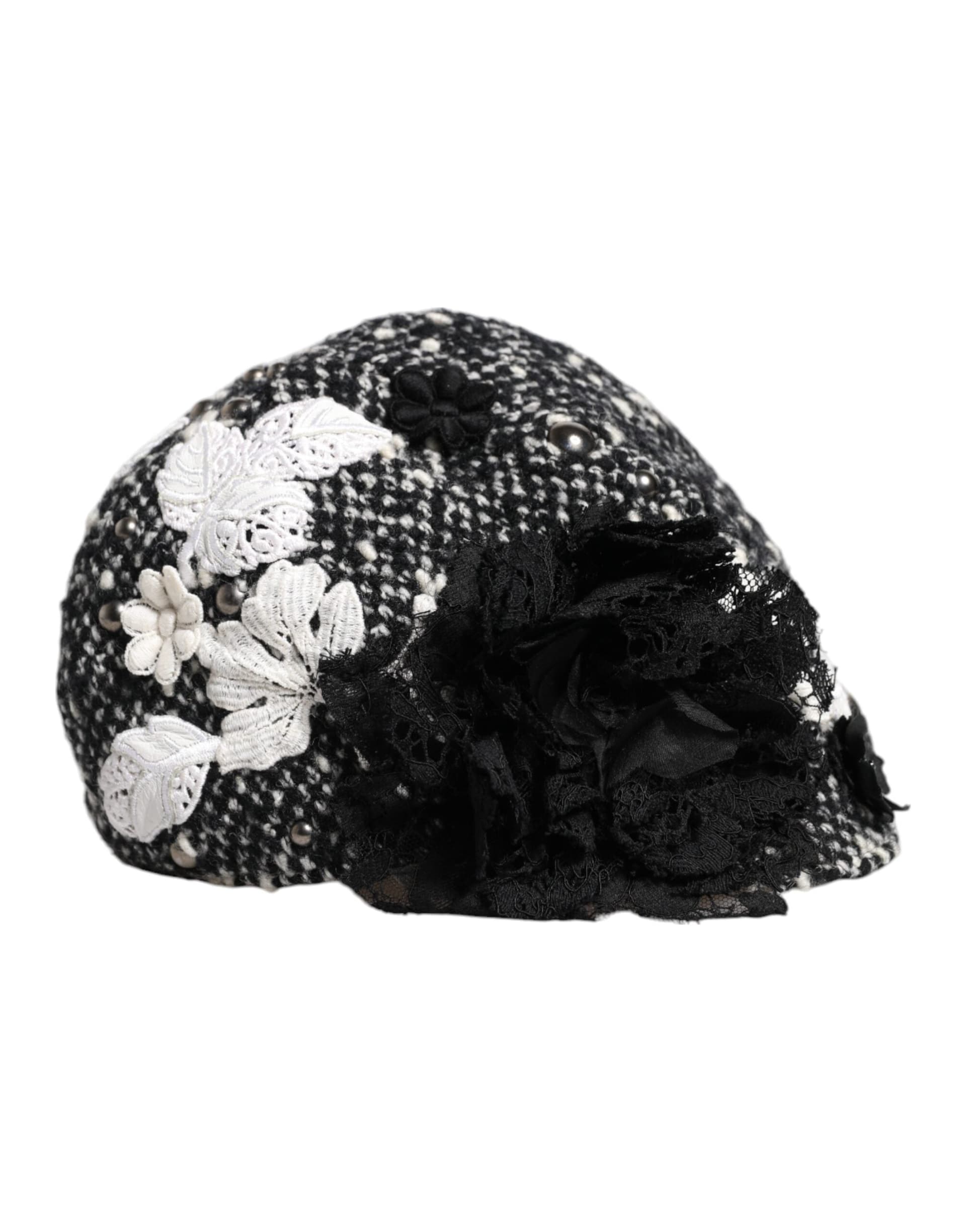 Dolce & Gabbana Black Wool White Floral Embellished Cloche Hat - 2