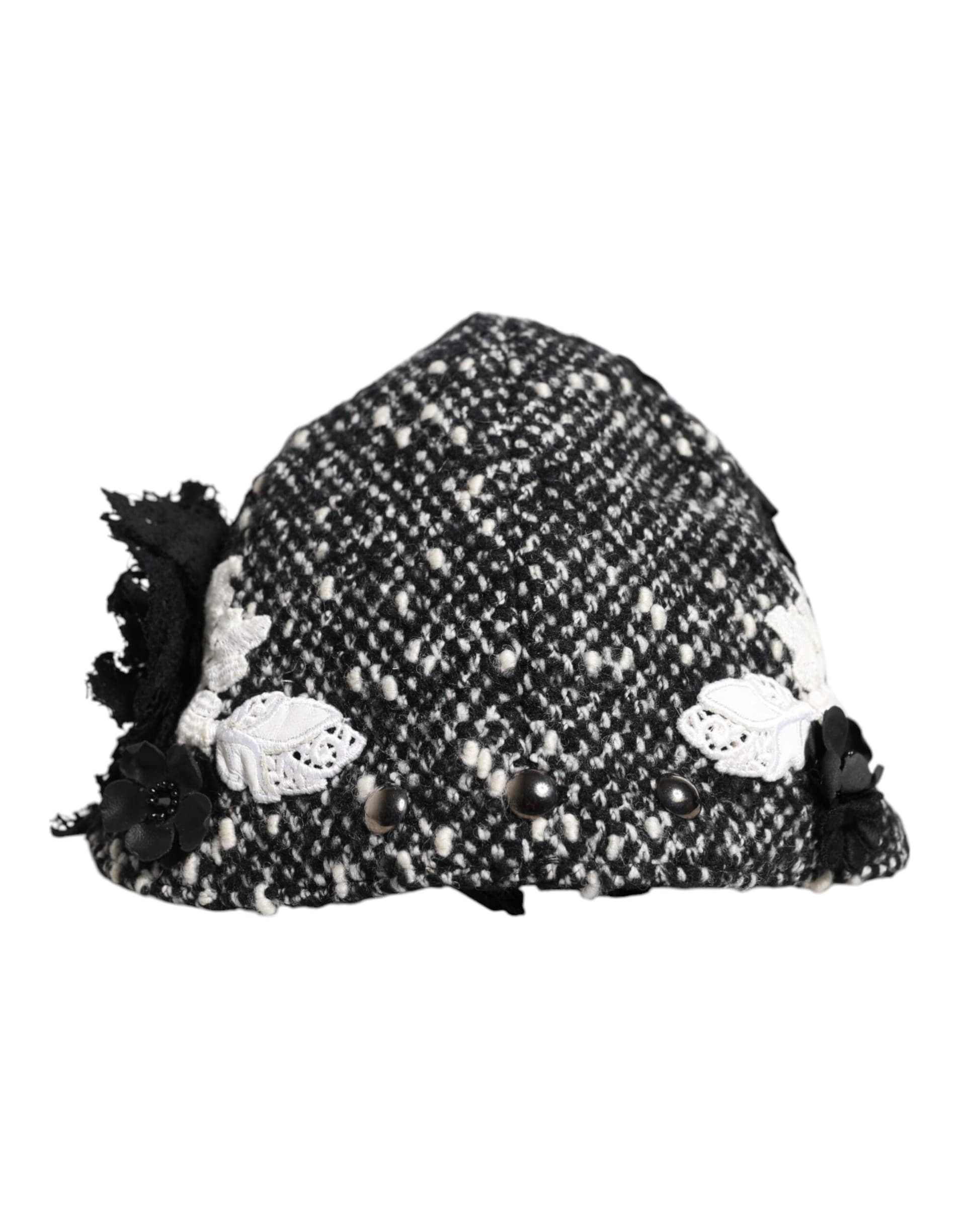 Dolce & Gabbana Black Wool White Floral Embellished Cloche Hat - 3