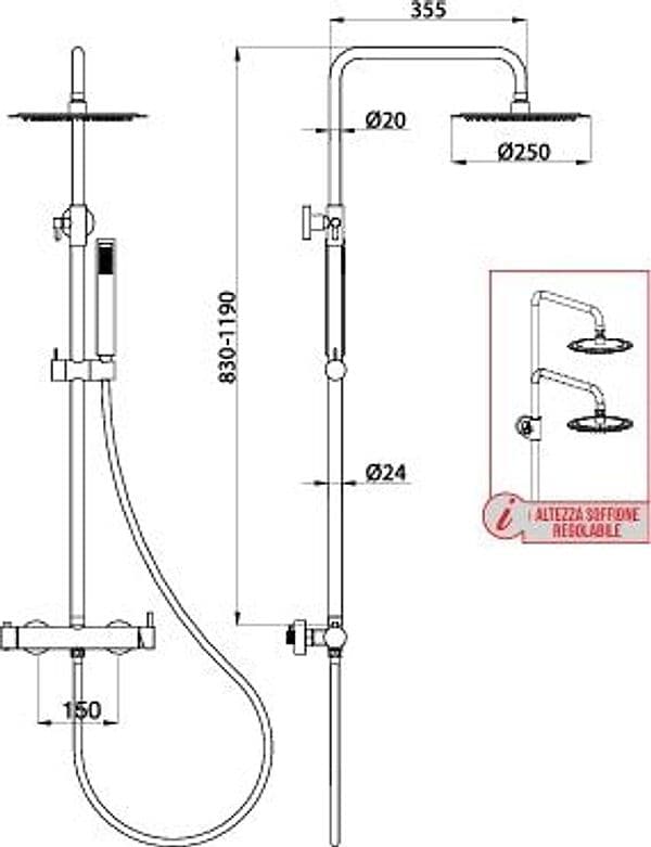 Colonna Doccia Cromata con Miscelatore Meccanico e Deviatore Integrato, Soffione Acciaio Ø25 cm e Doccetta Stick - 3
