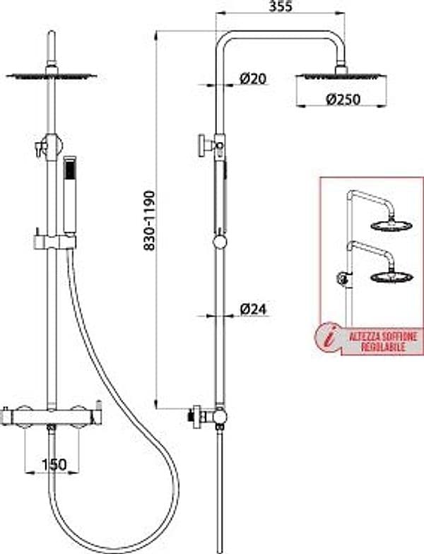 Colonna Doccia Nero Opaco con Miscelatore Meccanico e Deviatore Integrato, Soffione Acciaio Ø25 cm e Doccetta Stick - 3