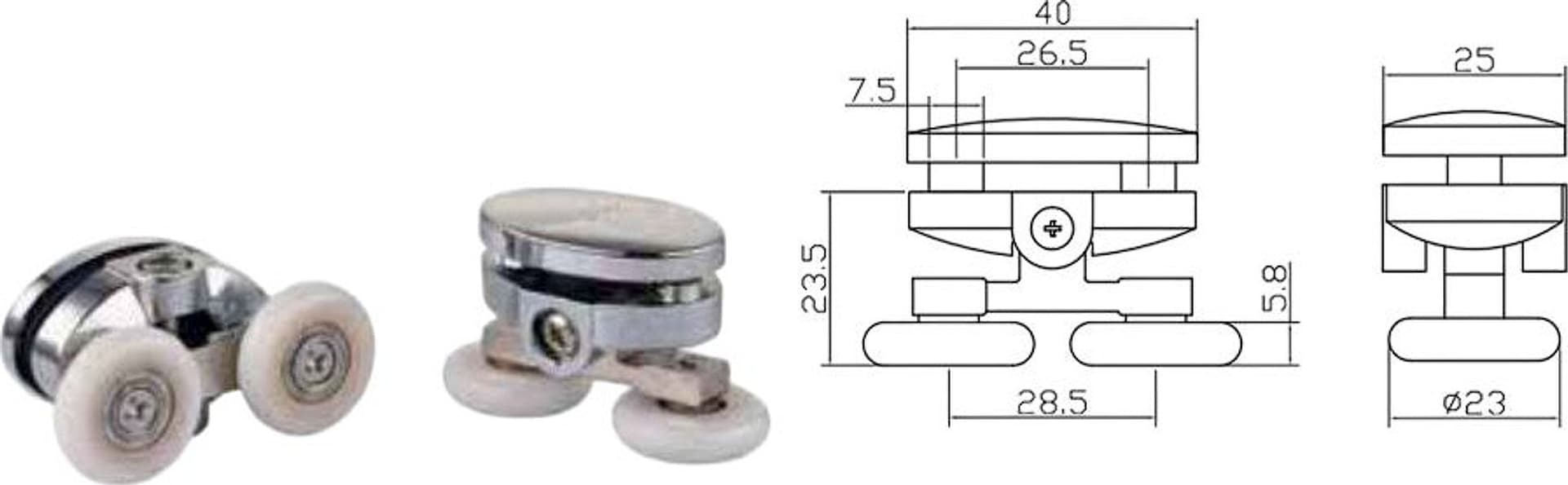 Coppia Cuscinetti Doppia Ruota Attacco Superiore ABS Cromato Box Doccia – Ø23 mm – Foro 9 mm – Interasse 26,5 mm - 2