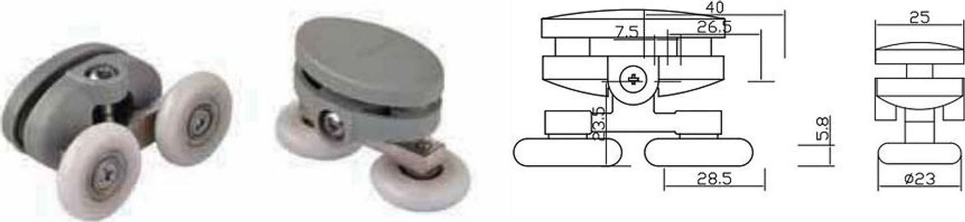 Coppia Cuscinetti Doppia Ruota Attacco Superiore Box Doccia – Nylon Grigio Ø23 mm – Foro 9 mm – Interasse 26,5 mm - 2