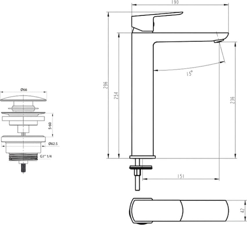 Miscelatore Lavabo Alto Design Minimal con Piletta Click Clack in Ottone 1”1/4 – Cartuccia Ø35 mm - 2