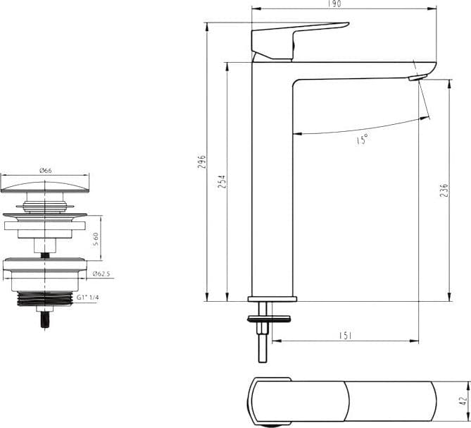 Miscelatore Lavabo Alto Design Minimal Nero Opaco con Piletta Click Clack in Ottone 1”1/4 – Cartuccia Ø35 mm - 3