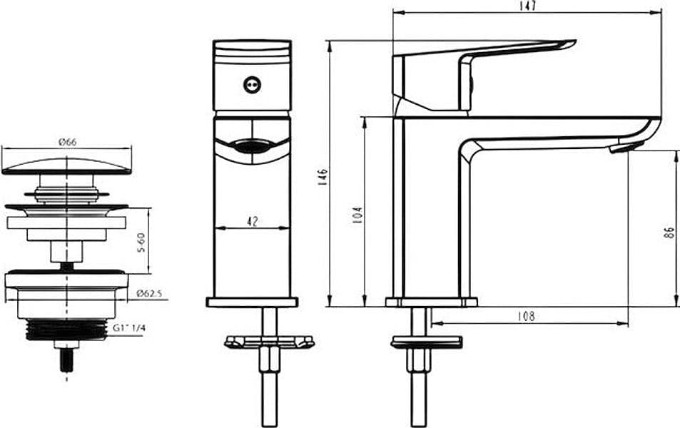 Miscelatore Lavabo Design Minimal con Piletta Click Clack in Ottone 1”1/4 – Cartuccia Ø35 mm - 3